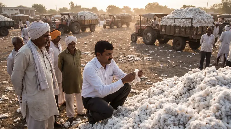 Trader checking a cotton lint sample at a market yard in Maharashtra