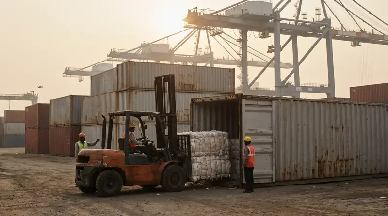 Forklift loading cotton bales into a shipping container at a port