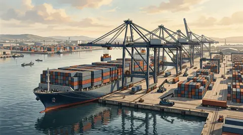 Illustration of a container ship alongside a quay with gantry cranes and stacked containers at a generic export port