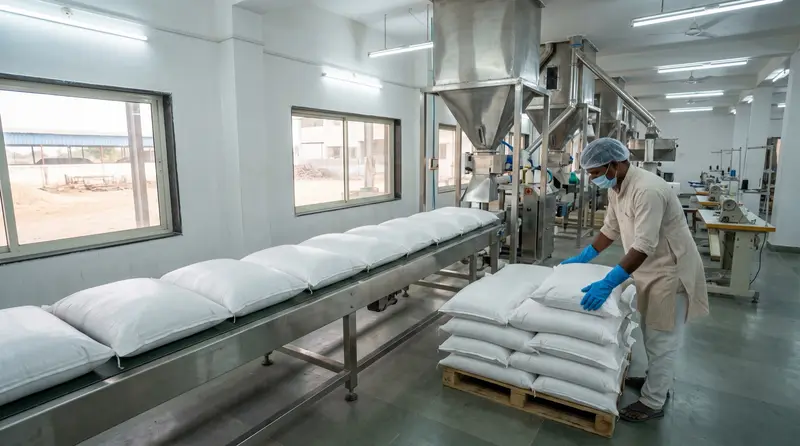 Blank white woven bags on a packing line, ready for a buyer's brand