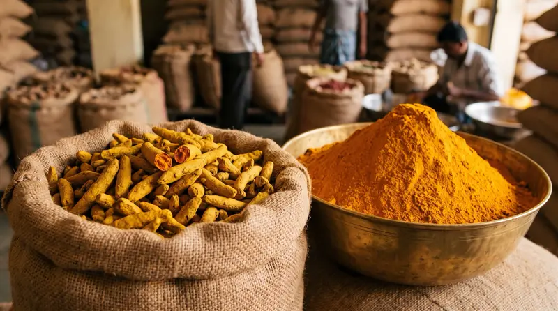 Dried turmeric fingers in a jute sack beside a bowl of turmeric powder