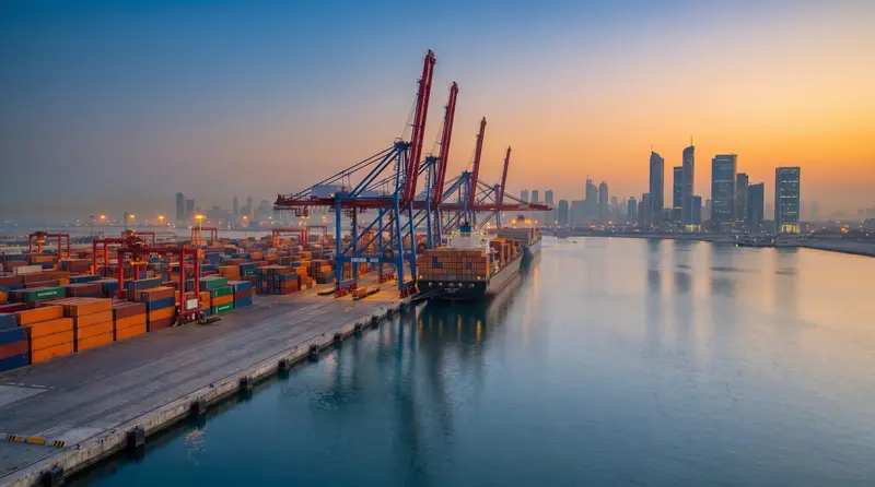 Container port in the Arabian Gulf at dusk with a city skyline