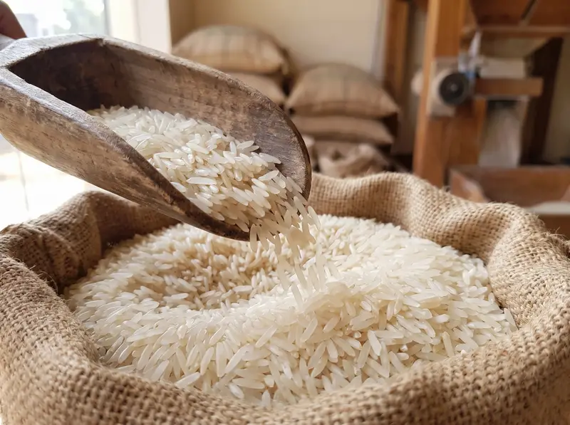 Long-grain basmati rice pouring from a wooden scoop into a jute sack