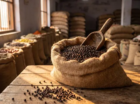 Ganze schwarze Pfefferkörner, die mit einer Holzschaufel in einen offenen Jutesack geschüttet wurden, und einige wenige, die auf dem Holztisch davor verstreut lagen