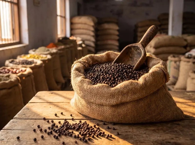 Whole black peppercorns heaped in an open jute sack with a wooden scoop, a few scattered on the wooden table in front