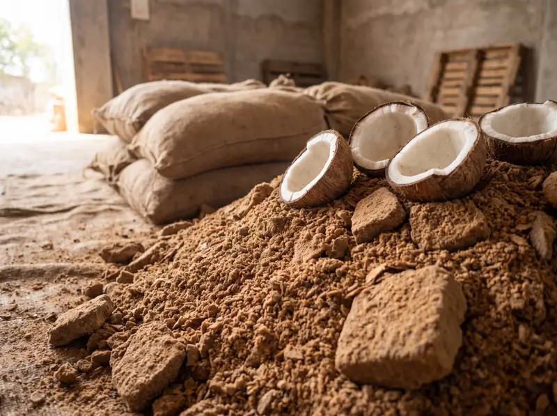 Heap of brown copra cake flakes beside dried coconut halves