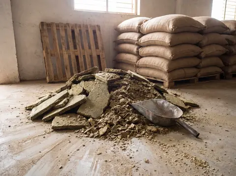 Broken slabs and flakes of de-oiled cottonseed cake with a metal scoop