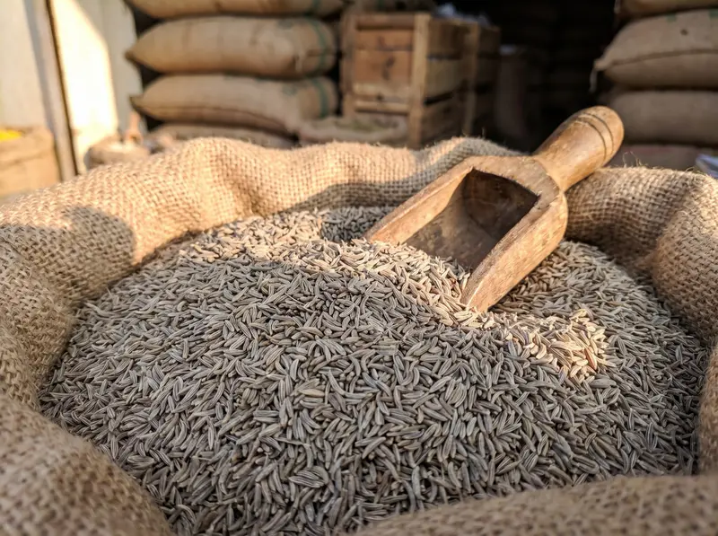 Whole cumin seeds filling an open jute sack with a wooden scoop resting in them