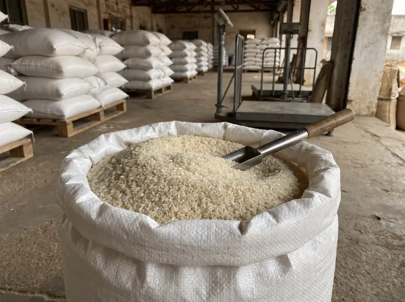 Medium-grain white rice in an open woven bag in an export warehouse