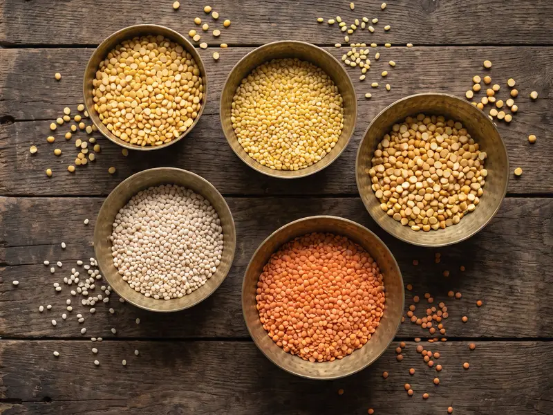 Five brass bowls of split toor, moong, chana, urad and masoor dal