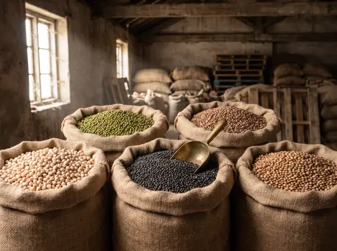 Whole chickpeas, moong, urad, masoor and pigeon peas in open jute sacks