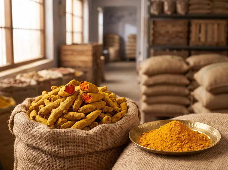 Dried turmeric fingers heaped in an open jute sack, two snapped open to show the orange core, beside a brass plate of ground turmeric